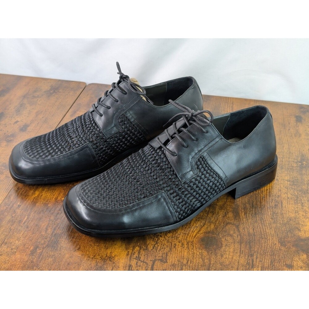 Vito Rufolo Italy Mens Woven Leather Dress Shoes Black Square Toe Derby Size 42